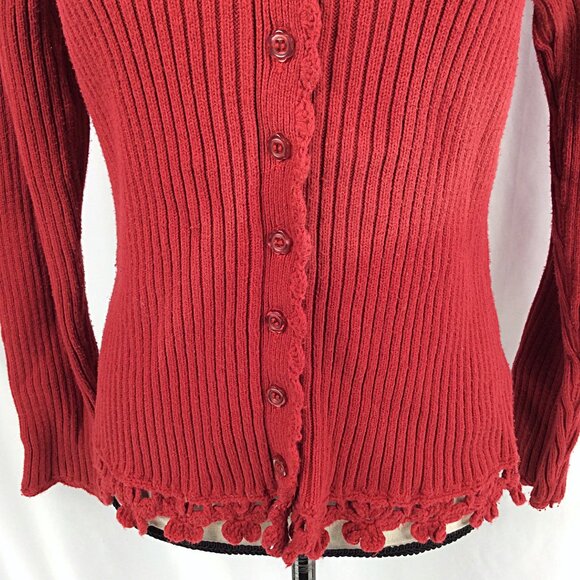 April Cornell Cardigan Sweater Womens Medium Red Ribbed Floral Crochet Button Up - Picture 6 of 9